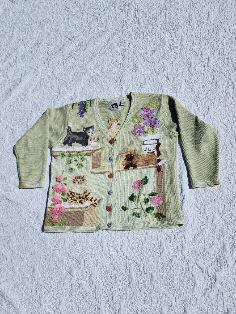 Storybook Knits V-Neck Cardigan Garden Cats Motif size 1X
